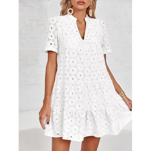 Womens Cotton Lace Summer Dress Short Sleeve V Neck Casual Flowy Tunic - Picture 2 of 5